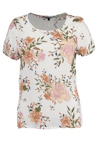 Blusa blanca de manga corta con cuello redondo, que presenta un patrón floral en tonos suaves de rosa, naranja, verde y azul.