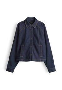 Dunkelblaue Jeansjacke mit Kragen, durchgehender Knopfleiste, Seitentaschen und langen Ärmeln. Verfügt über kontrastierende gelbe Nähte.