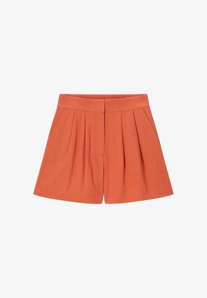 Short taille haute couleur rouille-orange avec plis sur le devant, poches latérales et taille lisse avec fermeture invisible.
