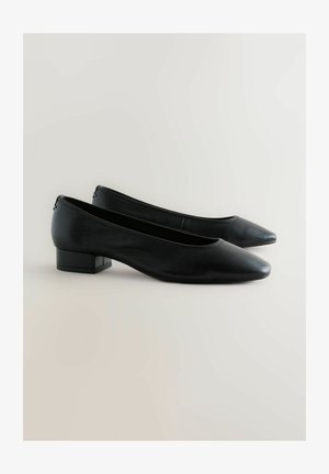 Zwarte leren ballerina's met een puntige neus en een lage vierkante hak. Het oppervlak is glad, met minimale naden en geen versieringen.