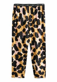 Leggings leopardati neri e oro con dettagli in rosa e crema, dotati di una vita elastica e di un tessuto liscio e stretch.