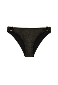 Bas de bikini noir avec un éclat métallique, présentant des accents latéraux avec des anneaux dorés et une finition texturée. Détails de lien réglables de chaque côté.