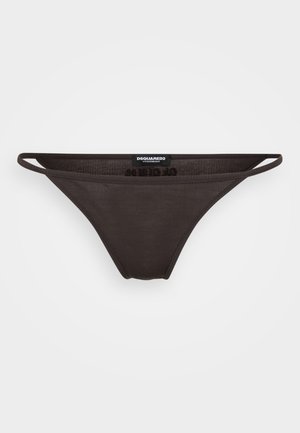 Bas de bikini marron foncé avec un design minimal, des banderoles latérales fines et un tissu texturé. L'étiquette affiche "DSQUARED2 UNDERWEAR."