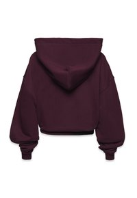 Tmavo fialová skrátená mikina s dlhými nariasenými rukávmi a rebrovanými manžetami, zobrazená zozadu na bielom pozadí.