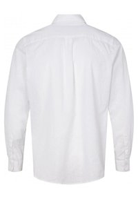 Long-sleeve white shirt made from lightweight fabric. Features a classic collar and straight back yoke with buttoned cuffs.