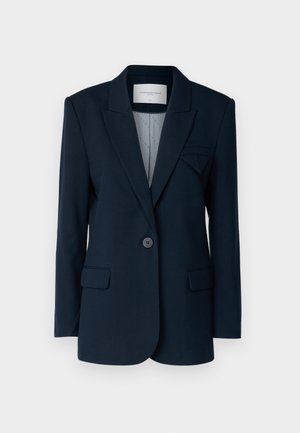 Blazer bleu marine avec fermeture à un bouton, revers crantés, deux poches avant et une poche poitrine. Tissu lisse avec coupe ajustée.