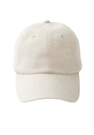 Beige Leinen-Baseballcap mit gebogenem Schirm und abgesteppten Belüftungsösen, von vorne gesehen.