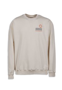 Sudadera beige de algodón con cuello redondo. El diseño frontal incluye un logo circular con un elefante y líneas onduladas y texto.