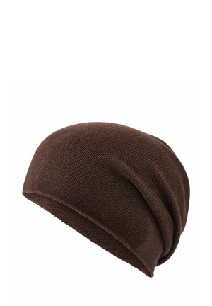 Brown knitted beanie with a slouchy design. Features a textured surface and a wide, soft cuff, emphasizing its warm, comfortable look.
