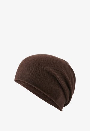 Beanie marrone lavorato a maglia con un design morbido. Presenta una superficie testurizzata e un ampio risvolto morbido, che mette in evidenza il suo aspetto caldo e confortevole.