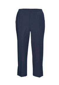 Marineblauwe broek met een elastische tailleband en een recht gesneden model. Voorzien van knoopaccenten aan de zoom en een gladde textuur.