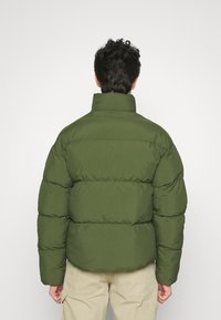 Giacca a vento verde con un alto colletto, design trapuntato e polsini a costine, realizzata in un tessuto liscio. Cuciture visibili e senza accessori hardware.
