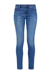 Jeans skinny in denim blu medio. Presentano una texture liscia, design a cinque tasche standard e chiusura frontale con bottone.