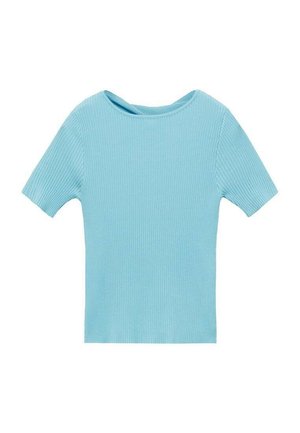 Light blue ribbed short-sleeve top with a round neckline, featuring textured fabric and a fitted shape. No visible hardware or accents.