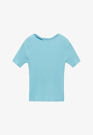 Lichtblauw geribbelde shirt met korte mouwen en een ronde halslijn, gemaakt van gestructureerde stof en met een aansluitende pasvorm. Geen zichtbare hardware of accenten.