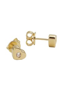 Guld hjerteformede øreringe med en klar rhinsten accent, med en glat metallisk finish og cirkulært sommerfuglelukning.