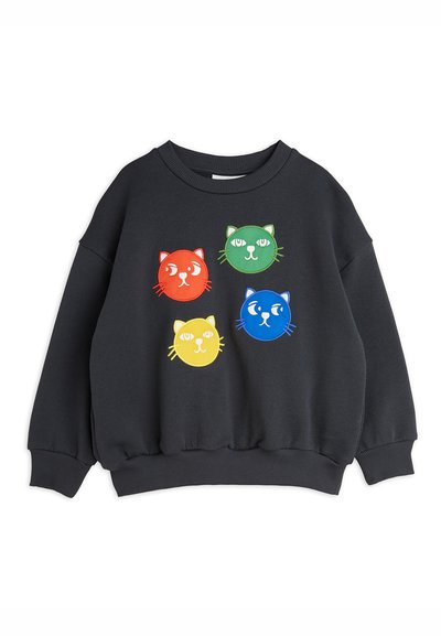 Felpa nera con quattro volti di gatti colorati in rosso, verde, giallo e blu, con forme tondeggianti e dettagli ricamati.