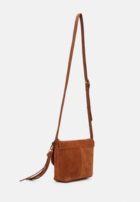 Brown suede crossbody bag with a long adjustable strap and a tassel accent, featuring a rectangular shape and smooth texture.