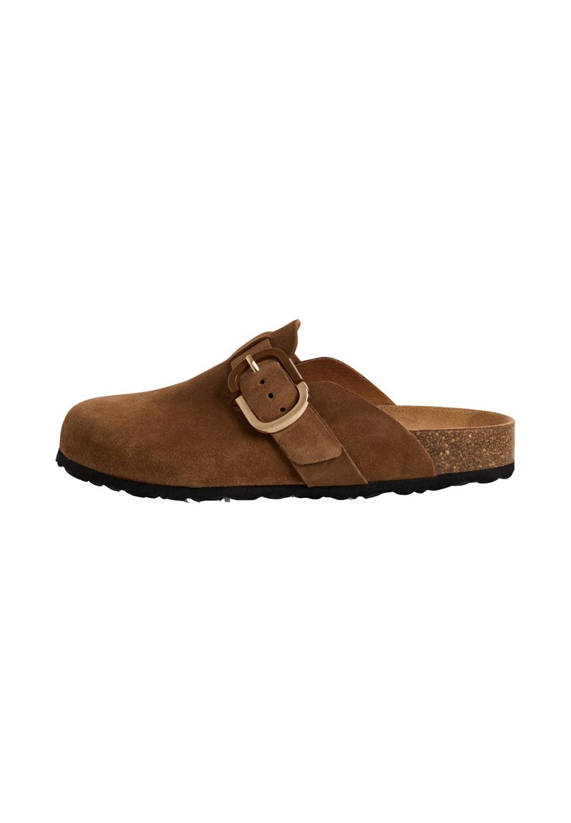 Brown suede clog with a wide strap and a metal buckle, cork midsole, and a black rubber sole, featuring a smooth, textured surface.