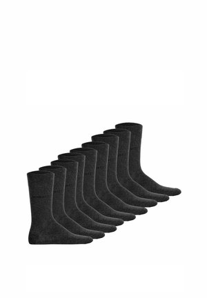 Zehn Paar schwarze Wadenhohe Socken, nebeneinander angeordnet mit minimal sichtbarem Branding auf weißem Hintergrund.
