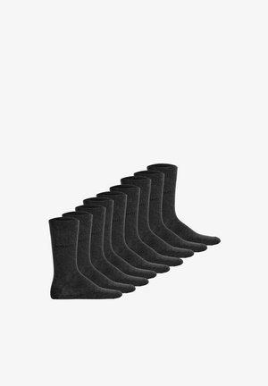Zehn Paar schwarze Wadenhohe Socken, nebeneinander angeordnet mit minimal sichtbarem Branding auf weißem Hintergrund.