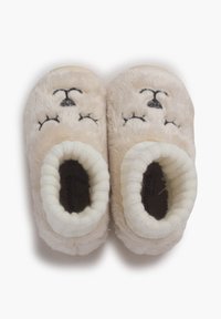 Pantofole beige soffici con design arrotondato, caratterizzate da un adorabile motivo di faccine, aperture elastiche e una morbida fodera bianca.