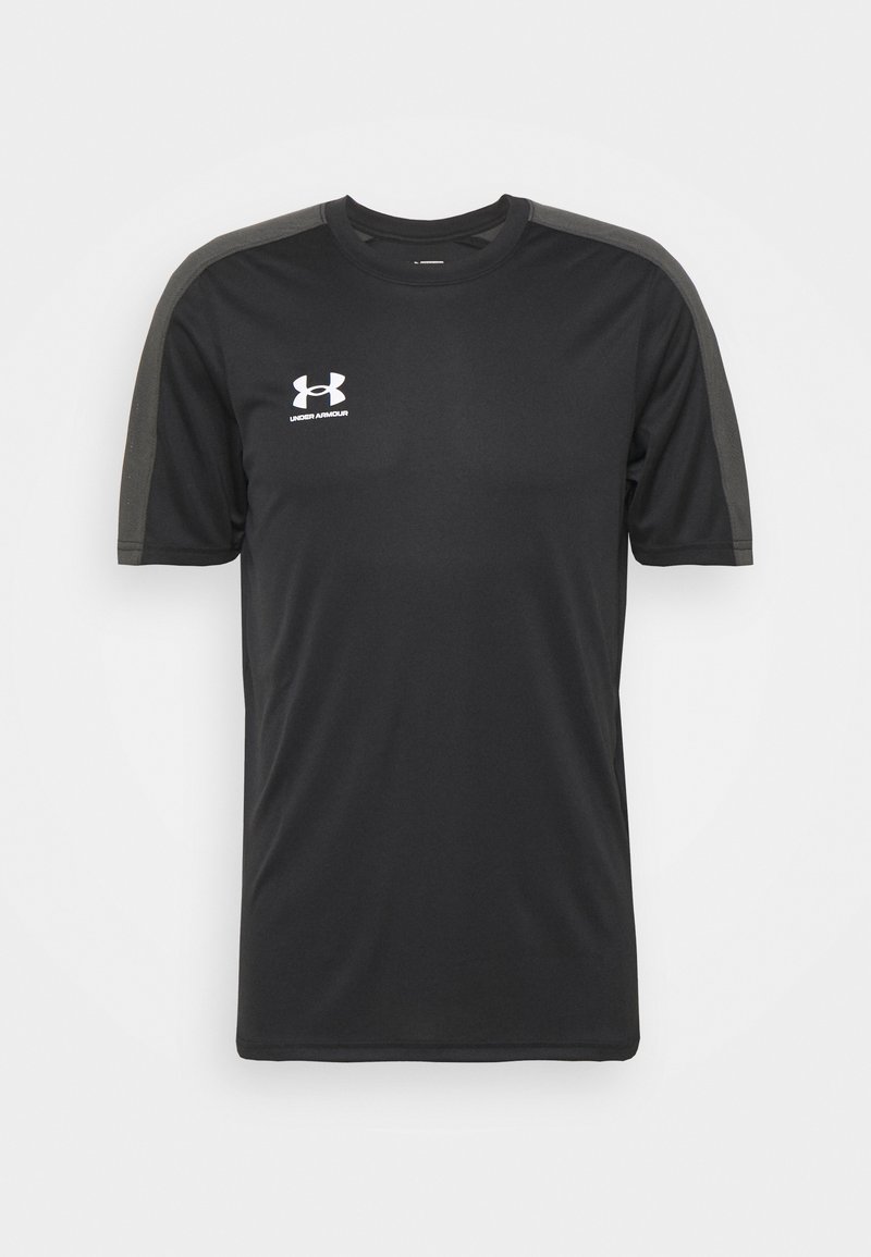 Black short-sleeve athletic shirt made of smooth fabric, featuring gray accents on shoulders and a white Under Armour logo on the chest.