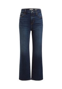 Pantalones vaqueros de pierna ancha en azul oscuro con cintura alta, cierre de botón, un ligero desgastado y detalles de costura en contraste. Elaborados en tela de mezclilla.