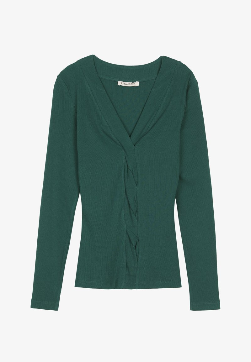 Grüner langärmeliger Cardigan mit V-Ausschnitt und gedrehter Vorderseite. Hergestellt aus leichtem Stoff, mit weicher Textur und figurbetontem Schnitt.