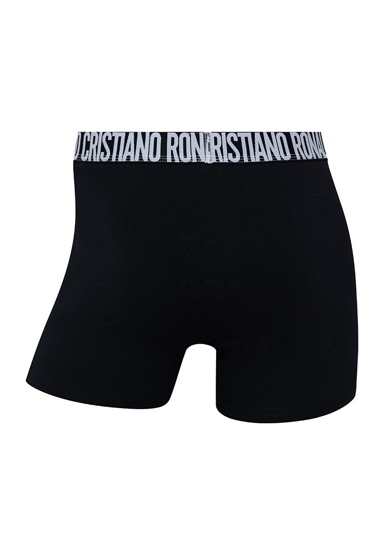 Cajas negras de algodón, con una suave cinturilla elástica que lleva el logo "Cristiano Ronaldo" en blanco. Textura suave y diseño ajustado.