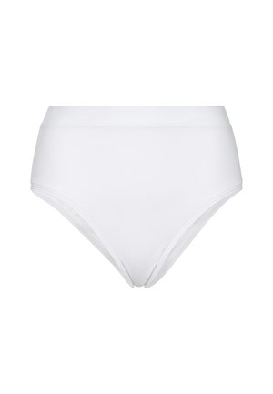 Hohe weiße Bikiniunterteile aus glattem Stoff, mit klassischem Schnitt, sauberen Kanten und ohne sichtbare Muster oder Verzierungen.