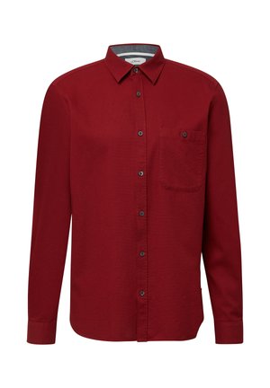 Rotes Langarmshirt mit Knopfleiste, kragenlosen Hals, einer Brusttasche und grauen Innendetails am Kragen. Weicher, strukturierter Stoff.
