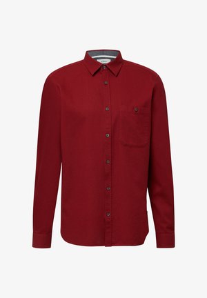 Red long-sleeve shirt with a button-up front, collared neck, single chest pocket, and grey inner collar detail. Soft textured fabric.