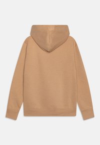 Sudadera marrón con una textura suave, con una gran capucha y mangas largas, mostrada desde la parte de atrás. Diseño simple y sin costuras, sin adornos.