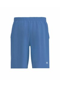Blaue Sportshorts aus leichtem, glattem Material mit einem gewebten Gummibund, zwei Seitentaschen und einem Logodetail am unteren rechten Bein.