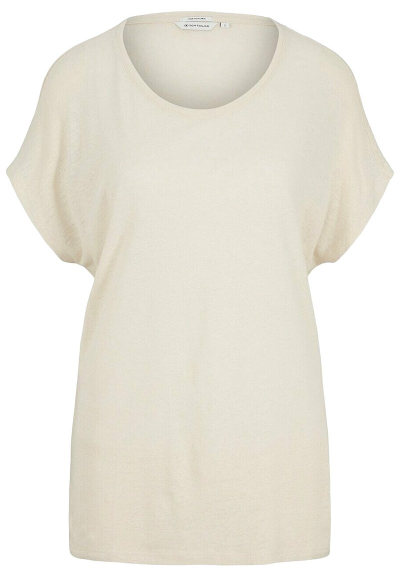 Korte mouwen beige top met een ronde halslijn, een ontspannen pasvorm en minimale textuur. Gemaakt van lichtgewicht, zachte stof.
