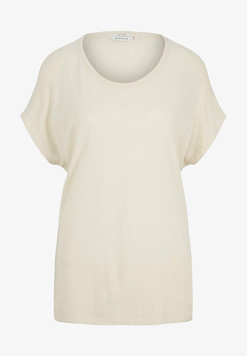 Short-sleeve beige top featuring a round neckline, relaxed fit, and minimal texture. Made from lightweight, soft material.