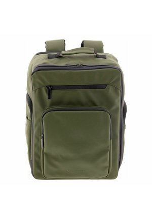 Mochila rectangular verde con múltiples compartimentos con cremallera y correas acolchadas para los hombros, diseñada para el uso diario.