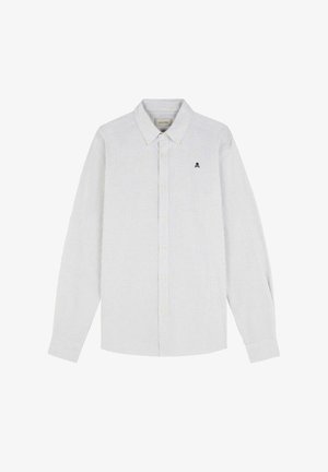 Camicia a maniche lunghe a righe in blu chiaro e bianco, con colletto a punta, bottoni gialli e un piccolo logo blu navy sul petto.