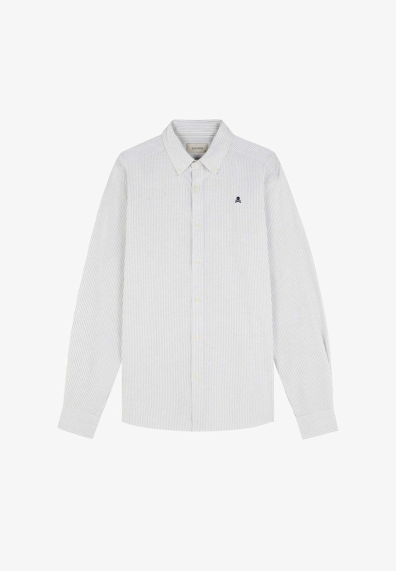 Gestreiftes Langarmhemd in Hellblau und Weiß, mit Button-Down-Kragen, gelben Knöpfen und einem kleinen marineblauen Logo auf der Brust.