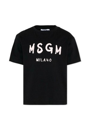 T-shirt noir à manches courtes avec le texte "MSGM" en blanc de style brosse, au-dessus de "MILANO" plus petit sur la poitrine.