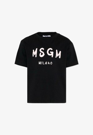 T-shirt noir à manches courtes avec le texte "MSGM" en blanc de style brosse, au-dessus de "MILANO" plus petit sur la poitrine.