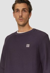 Mann mit hellbraunen Haaren, der einen dunkelpurpurfarbenen Rundhalspullover über einem weißen Hemd trägt, leicht nach rechts gewandt vor einem schlichten hellen Hintergrund.