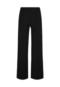 Zwarte wijde broek met een gladde textuur, voorzien van een comfortabele elastische tailleband en plooi-details aan de voorkant.