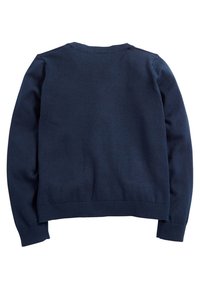Marineblaues Sweatshirt, gestrickter Stoff, Rundhalsausschnitt, lange Ärmel, gerippte Bündchen und Saum, nahtloses Rückendesign, keine sichtbaren Muster oder Verzierungen.