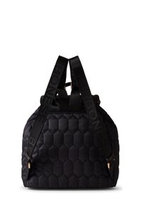 Black quilted backpack with hexagonal pattern, featuring black straps with logo and gold accents. Textured fabric and strong construction.