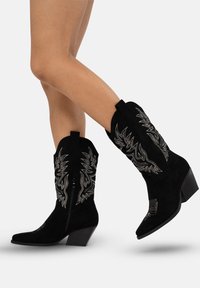 Botas de vaquero de ante negro con bordado plateado, punta afilada y tacón bajo apilado. Detalle de cremallera en el lado para ponérselas con facilidad.