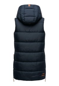 Marineblauer, wattierter Weste mit hohem Kragen und Kapuze, ausgestattet mit horizontaler Steppung, Lederakzenten und einer Reißverschlusstasche an der Seite.