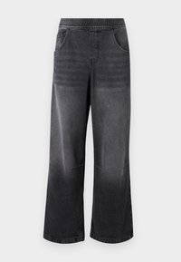 Black denim wide-leg pants with an elastic waistband, featuring two side pockets and a gradient fade to a lighter shade at the hems.