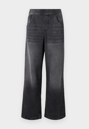 Schwarze Jeans in weiter Beinform mit einem elastischen Bund, ausgestattet mit zwei seitlichen Taschen und einem Farbverlauf, der an den Säumen zu einem helleren Farbton übergeht.